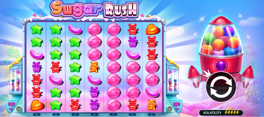 SugarRush οθόνη παιχνιδιού με γλυκά σύμβολα